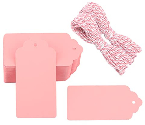 G2PLUS 100PCS Etiquetas de Papel Kraft,Etiquetas de Regalo,Kraft Etiquetas 5x10cm Tarjetas Regalo con Cuerda de Yute para para regalos, bodas,San Valentín,Rosa