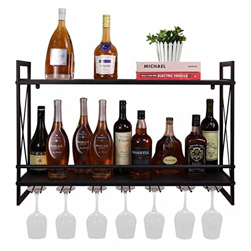 Porte-bouteilles muraux industriels avec porte-verre, étagères polyvalentes en métal rustique de 31,5 po, accessoires de vin suspendus, porte-bouteilles, étagère murale en verre