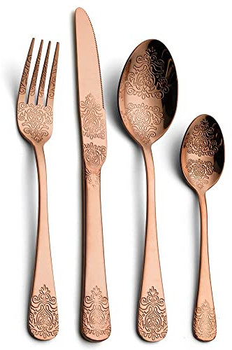 24-teiliges Vintage-Besteck-Set Edelstahl-Besteck-Silberbesteck-Set Antik-Titan-beschichtete Messer, Gabeln, Löffel-Besteck-Set (Color : 24PCS Golden) (24pcs Copper)
