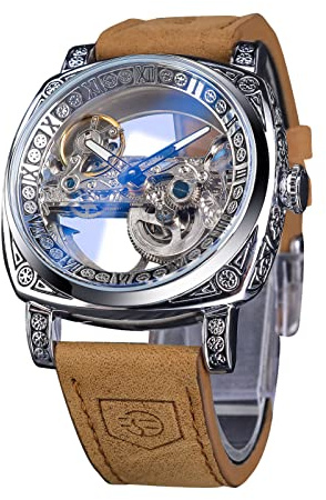 FORSINING Montre pour homme, tendance, classique, squelette carrée, cadran transparent, automatique, mécanique, bracelet en cuir, lumineux, étanche, Argenté., Sangle