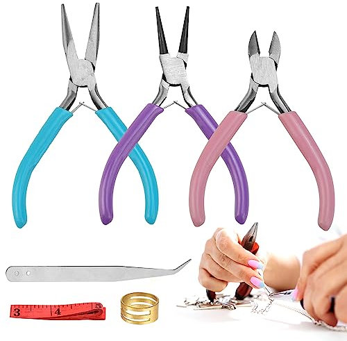 HAOMEEDUO Schmuckzangen Set Zangenset Schmuck Rundzange Schmuckherstellung Spitzzange Klein Drahtschneider Zange Schmuck Zange Set mit Sprungringöffner Pinzette Schneidermaßband für Schmuckreparatur