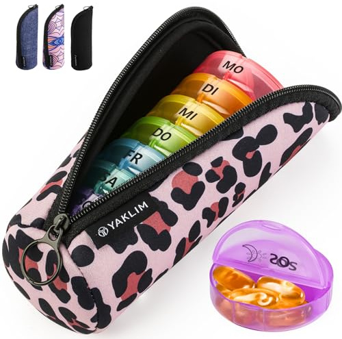 Weekly Pill Organiser 2 Times A Day, Pill Box 7 Day with Zipper Neoprene Case for Travel, Round Medicine Organiser, Tablet Organiser for Vitamin Fish Oils Supplement (Leopard)