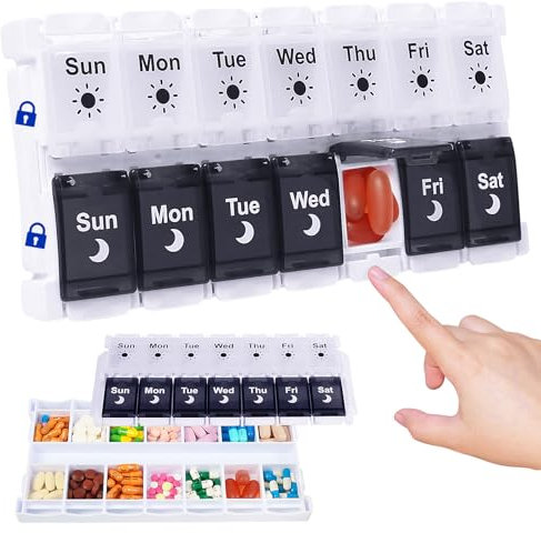 Pill Boxes 7 Day 2 Times a Day, Easy Fill Push Button Weekly Pill Box Medicine Organiser Large Am Pm Tablet Organiser for Vitamin, Fish Oil, Supplements