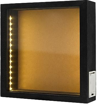 hvfun 10X10 Rustic Black Wood Shadow Box with Lights,LED-lit Display case for Wine Corks, Tickets, and Creative Exhibits,Artistic Presentations