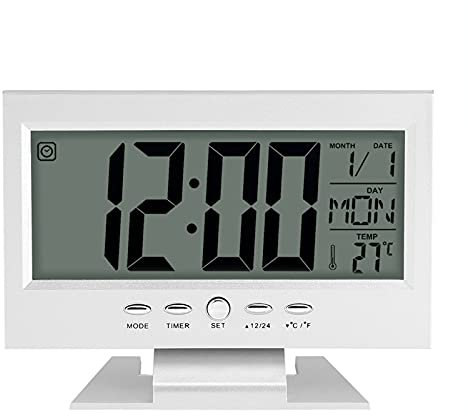 Akozon Funkwecker Digital Mit Batterie, LCD-Digitalton, Schreibtischwecker mit Elektrischen Uhren für Kalender und Temperaturanzeige. Schwarze Digitaluhr mit Sensortisch (Silver)