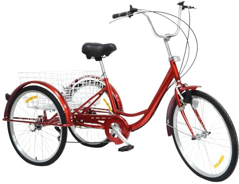 CCAUUB 24 tum vuxen trehjuling, 6-växlad trikes cruiser cykel, 3-hjulingar med stor korg, för utomhus/shopping/fritid/picknick, för kvinnor/män/seniorer (röd, med ljus)