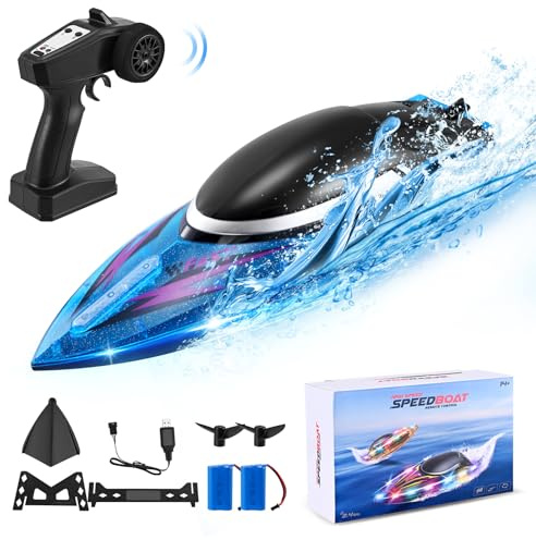 Wisbecost Barca RC per adulti e bambini, Barca telecomandata da 25 km/h per lago, fiume e piscina, Auto-raddrizzamento, Luce a LED, Barca da regata ad alta velocità, 2 batterie 60 minuti