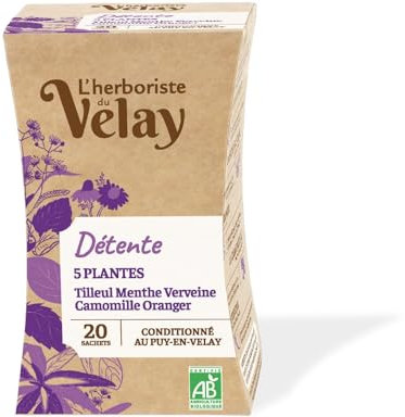 L'Herboriste du Velay - Infusion BIO Détente 5 Plantes - Tilleul, Menthe, Verveine, Camomille, Feuilles d'Oranger - Conditionné au Puy-en-Velay - Boite de 20 Sachets