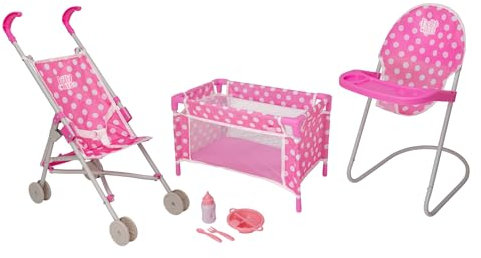 Dolly Tots Puppen-Nursery Spielset | 7-teiliges Puppenset mit Hochstuhl, wiederverwendbarem Fütterungsset, Puppenwagen & Puppenbett | Puppenwagen & Zubehör für Kinder Mädchen