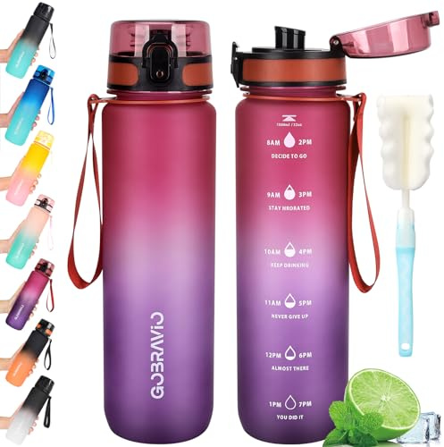 Gobravio Water Bottle 1L BPA Free Sports Drink Bottle Dishwasher Safe Canteen Bottle Leakproof Motivational Water Bottle with Time Markings