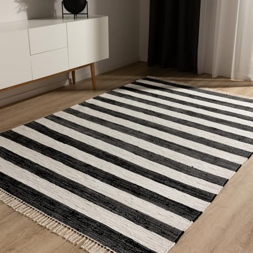 benuta Basic Baumwollteppich Tom - Schwarz/Creme 60x100 cm - Handgewebter Wohnzimmer Teppich - 100% Recycelte Baumwolle - Für Fußbodenheizung geeignet