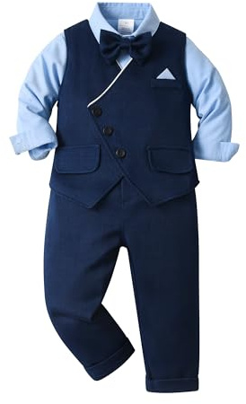 Volunboy Baby Boys Gentleman Suit, Toddler Formal Waistcoat Outfit Wedding Shirts + Vest +Bow Tie 4 PCS Set（Deep Blue，12-18 Months，Tag Size 80）