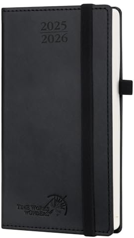 POPRUN Taschenkalender 2025 2026 Klein 16,5 x 9 cm (Aug.2025-Dez.2026) - Kalender 2025 2026 Klein mit PU-Leder - Terminplaner, Planer 1 Woche 2 Seite mit Stiftschlaufe - Schwarz