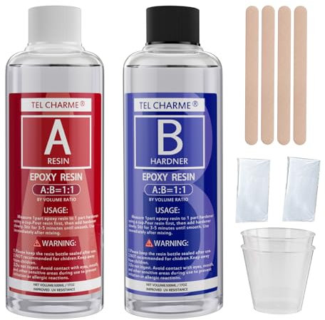 Epoxidharz mit Härter,1:1 Verhältnis Glasklar Gießharz Mit Handschuhen, Holzstäbchen und Messbecher,für Holz Schmuckherstellung Kunst Handwerk (500ml+500ml)