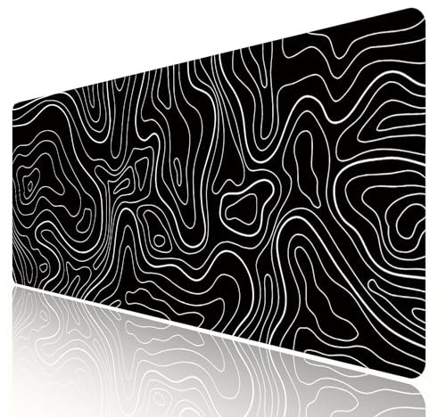 HGWALP Large Gaming Mouse Pad & Extended XXL(900 x 400 x 3mm) Computer Game Mouse Mat, Long Desk Pad with Stitched Edges for Keyboard Home Office Gaming Work Big Desk Pad-Black Topographic