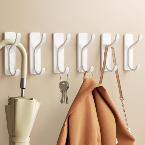 pickpiff Self Adhesive Hooks for Coat,8KG Stick-On Wall Hooks, White 6 Pack | Back of Door Hooks, Bathroom Towel Hooks, Strong Sticky Hooks Heavy Duty, Adhesive Door Hangers for Clothes, Bags, Purses
