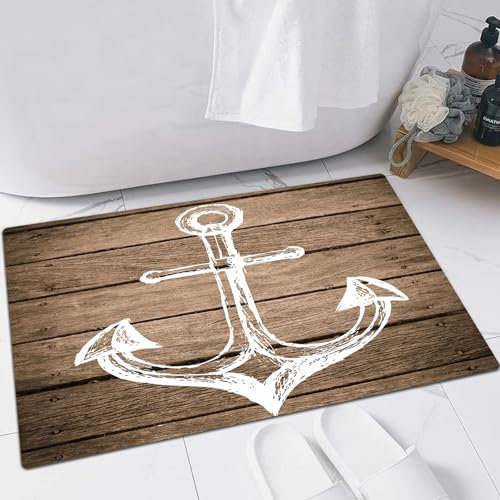 FSDGY Badvorleger Fußmatte Flauschig Teppich Badezimmerteppich Duschmatte für Bade & Wohnzimmer Schlafzimmer,Nautischer Anker Handzeichnung Nautische Skizze Taupe Bretter von,60x90 cm