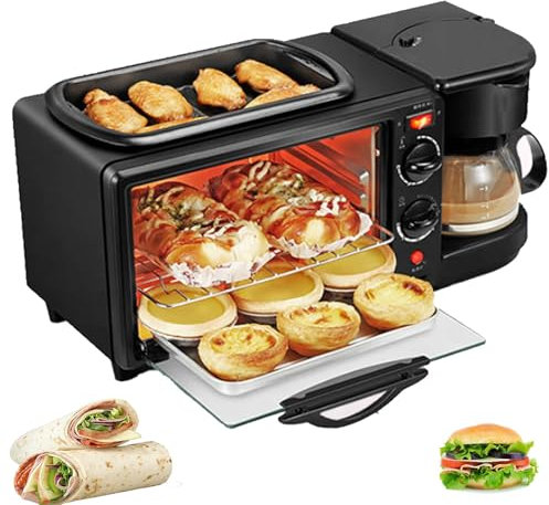 ASnwpaK Machine à Petit-DéJeuner 3 en 1 (PoêLe + Four + CafetièRe), Grille-Pain Multifonction 1100w (9L), Minuterie 30 Min + ContrôLe De TempéRature 100-230°, RevêTement AntiadhéSif