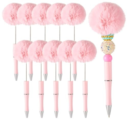 FASHEWELRY 10 bolígrafos esponjosos de felpa con pompones para decoración personalizada, suministros de escritura para escuela, oficina, color rosa perla