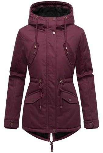 MARIKOO Damen warme Winterjacke mit kuscheliger verstellbarer Kapuze Manolya Wine with black fur Gr. L