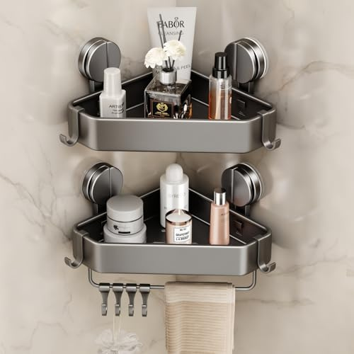 Mustorn Duschablage Ohne Bohren, Duschregal Ecke Saugnapf Badezimmer Regal Wand Duschkorb mit Handtuchhalter & Abnehmbare Haken Eckregal Bad Ablage Dusche Regal Duschkorb Ohne Bohren(2 Stück, Grau)