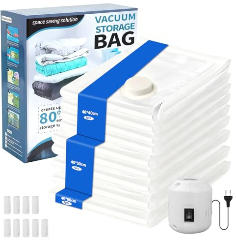 Pmueuff vakuumpåse med elektrisk pump, 9 stycken vakuumpåsar för kläder (4 st x 40 x 40 cm/4 st x 40 x 50 cm/1 st x 40 x 60 cm) återanvändbar vakuumpåse för täcken, kläder, resor, kuddar