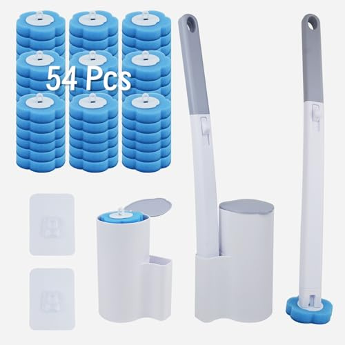 lompyeu Brosse WC Jetable, Suspendu Brosse Toilettes WC avec 54 Têtes de Rechange + 2 Pcs Brosses WC et Supports Balai Toilettes pour Toilette, Toilette, Salle de Bain, WC