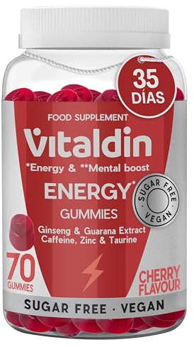 VITALDIN Energy Gummies –Gominolas Energéticas Veganas y Sin Azúcares añadidos–Con Ginseng,Guaraná,Cafeína,Taurina y Vitaminas B–Mejora la Concentración y Reduce la Fatiga–Sabor Cereza–70 gomas