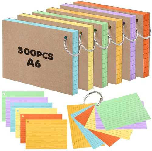 EOPUOZS Karteikarten A6 liniert, 300 Stück Karteikarten Intensiv-Farben, Premium Qualität Karteikarte für Notizen, Vokabeltraining, Formeln und Prüfungsvorbereitung