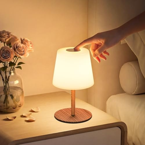 EZVALO Kabellose Tischlampe LED, IP65, 4500mAh USB-C, Touch-Dimmbar mit 3 Farbtemperaturen, Perfekte Nachttischlampe, Campinglampe & Tischleuchte für Outdoor und Innen (Holzfarben, 1 Stück)