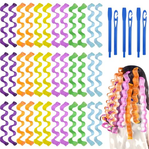 Lot de 36 bigoudis en spirale - Kit de coiffure - Pas de chaleur - Multicolore - Avec 2 crochets de coiffage pour cheveux longs et courts (45 cm)