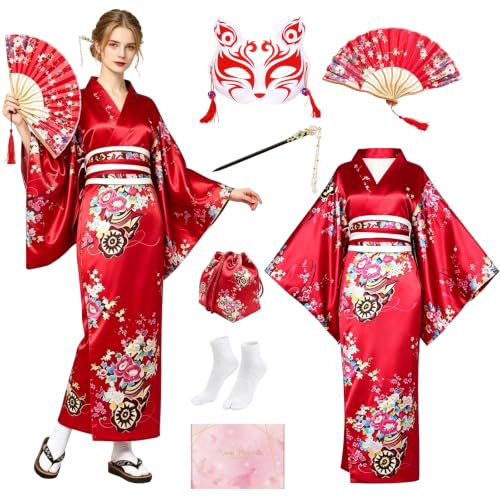 HEITOYI Robe Japonaise Geisha Yukata, Kimono Japonais Femme avec Sac, Éventail, Épingle à Cheveux, Tenue Japonais Yukata pour Cosplay, Carnaval, Fête