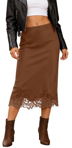 Générique Jupe en Soie Femme Longue Jupe Satinée et Dentelle Élégant Taille Haute A-Ligne Jupes avec Fermeture Éclair Décontractée Skirt Plissée en Satin