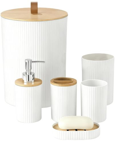 Set med 6 st badrumstillbehör, vit dekor med trälock, inkluderar toalettborste, tandborsthållare, tvåldispenser, modernt hem hotell toalettset