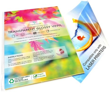 Evergreen Goods A4 10 ark | Transparenta glansiga vinylark | självhäftande vattentätt klistermärkespapper | HD-grafik för märkning | kompatibel med laserskrivare | perfekt för gör-det-själv, kontor