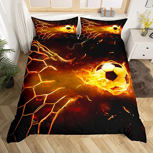 Loussiesd Football Bed Linen Set Boys Teenagers Sports Bedding Set Children 135x200 cm Soccor Teenagers' Room Decor Bed Linen Black Orange Flame Football Shot Bedding Set with 1 Pillowcase 80x80 cm
