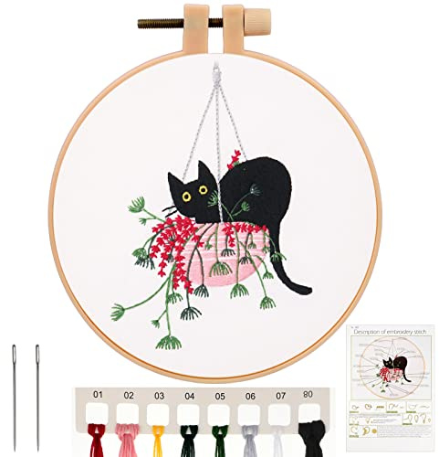 MWOOT Chat Kit de Démarrage de Broderie, DIY Point de Croix Broderie Starter kit,Cat Embroidery Starter Kit pour Débutant