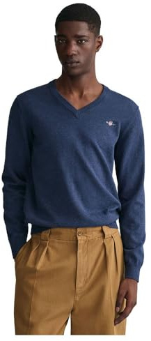 GANT Suéter clásico de algodón con Cuello en V para Hombre, Mezclilla Azul Oscuro, XXL