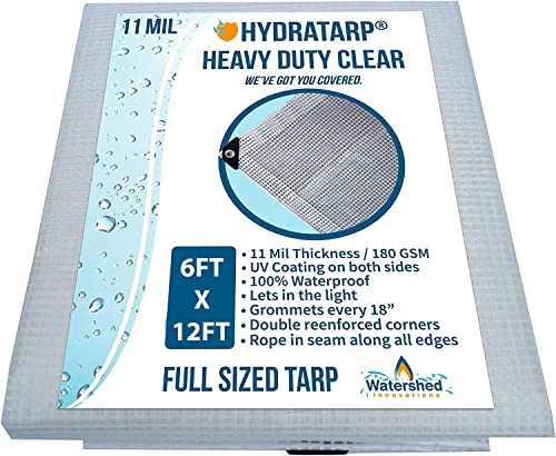 Watershed Innovations HydraTarp, UV Coated 11 Mil Thick Clear Greenhouse Tarp for Outdoor Camping, RV, Trucks and Trailers, 6 by 12 Feet
