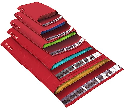 50 Mixed Size Red Mailing Bags, Red, 5 Sizes Self Seal Strong Waterproof Poly Plastic Envelopes for Parcels, Packaging, Small, Medium, Large Mail, Shipping Courier Delivery Bags