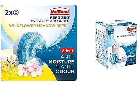 Unibond AERO 360° Moisture Absorber Wildflower Meadow Refill Tab, (4 x 450g) UniBond AERO 360 Compact Moisture Absorber, Ultra-Absorbent Dehumidifier 1 Device incl. 1 Refill Tab 450g