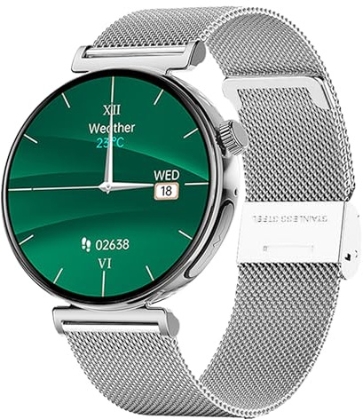 Knauermann PRO 3 MINI (2024) Silber - Gesundheitsuhr Smartwatch mit Telefoniefunktion - EKG + HRV und SOS Funktion - AMOLED Display - BT Bluetooth - Schlafapnoe - Milanaiseband Silber, 14-24,rund