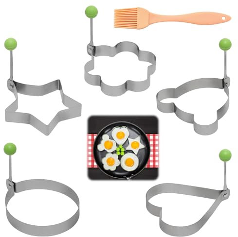 Fried Egg Rings Set, 5 Different Shapes Omelette Moulds with Oil Brush, Foldable Stainless Steel Egg Rings for Frying to Make Muffin, Pancake, Sandwiches, Mini Burger