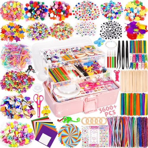 Purpledi Kit Bricolage 3600+ Activites Manuelles pour Enfants, Pipe Cleaners Crafts Set, Fournitures Éducatives, Loisirs Créatifs pour Enfants, Pompons, Yeux Gluants, Plumes，Rose