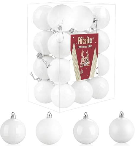 Christmas Baubles, 24 Pcs White Xmas Baubles Christmas Decorations 6cm Hanging Balls Shatterproof Xmas Ornaments for Home Festival Decoration(White)