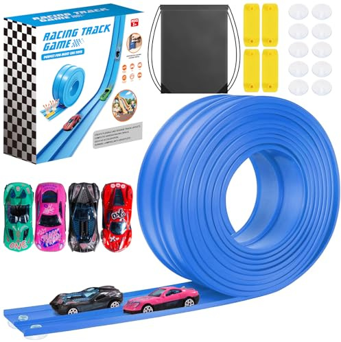 4.5 Meter Flex Race Car Ramp Track with Suction Cups, Rolls Up Portable DIY Racetrack Compatible with Diecast 1/64th Cars Model, Birthday Gifts for Boys Girls (Blue)