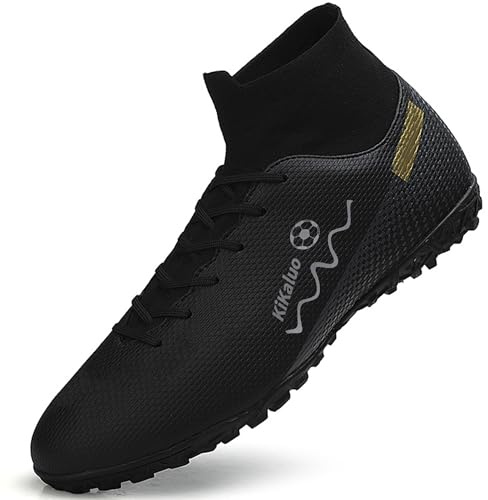 Kikaluo Men's Soccer Shoes Indoor Turf Cleats High-Tops Lace-Up Non-Slip Spikes Futsal Football Boots Black EU 43