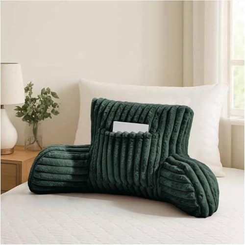 David & Amaya Reading Pillow for Adults with Arms & Pocket – Faux Fur Fleece Cuddle Cushion Cozy Backrest & Lumbar Support for Sitting Up in Bed, Sofa or Chair (Dark Green, 50X40X38Cm)