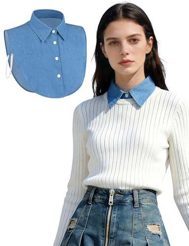 MELLIEX Faux Col Femme, Mode Col Amovible en Coton, Élégant Col de Chemise pour Femmes (Bleu Denim)