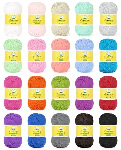 Coopay 20×25g 100% Cotton Yarn for Crocheting, Amigurumi Cotton Yarn for Crochet & Knitting, Multicoloured Soft 8ply Cotton DK Yarn, Mini Pure Cotton Crochet Yarn Set for Beginners DIY Colorful Crafts